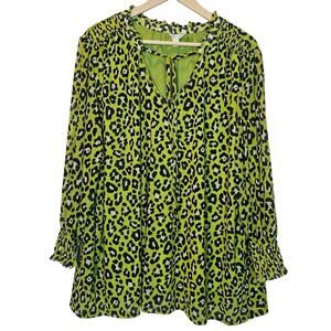 Cato Bright Neon Green Black Leopard Animal Print Mesh 3/4 Sleeve Size 26/28W‎